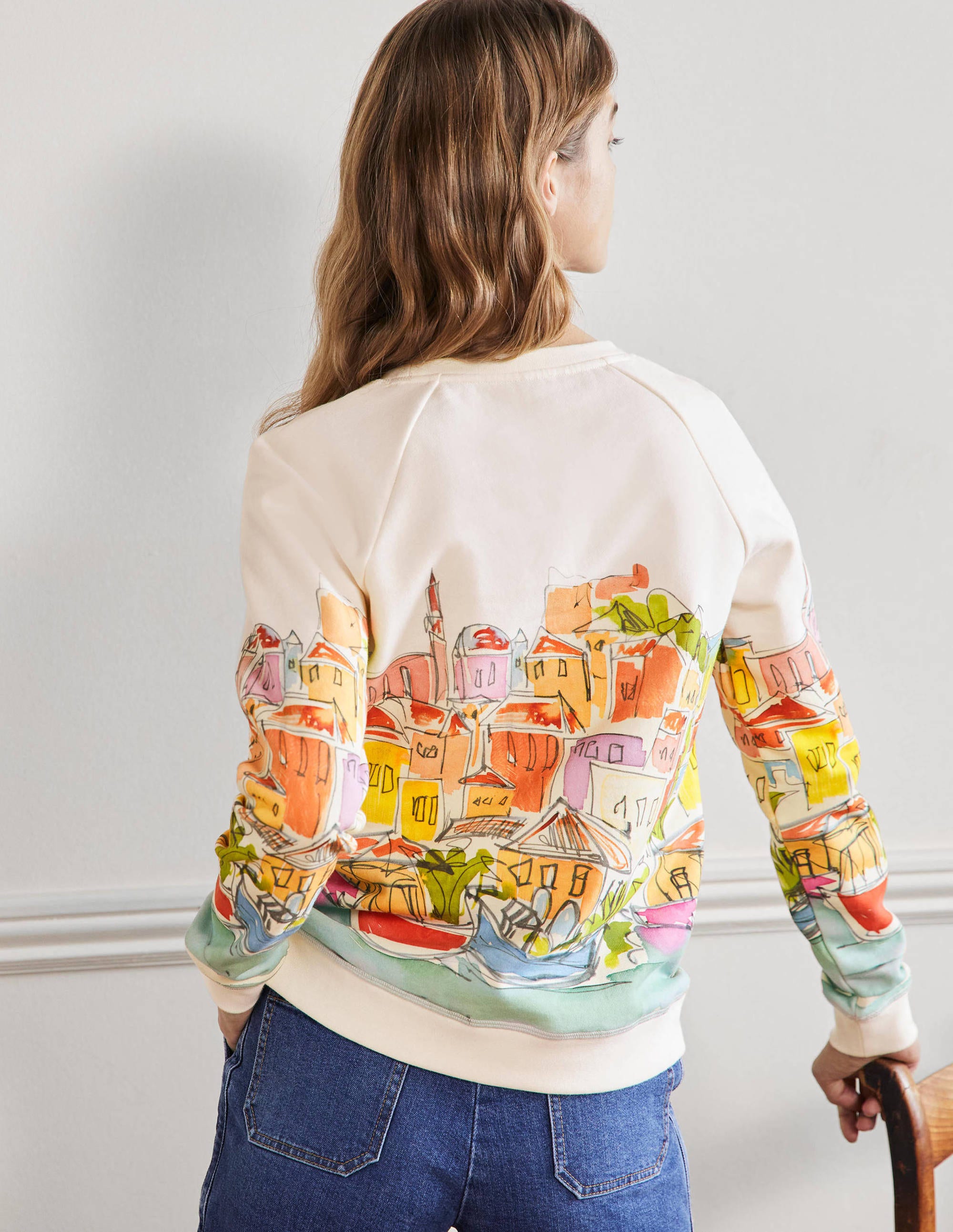 Printed Cotton Sweatshirt-Ivory, Rainbow Village - Image 3