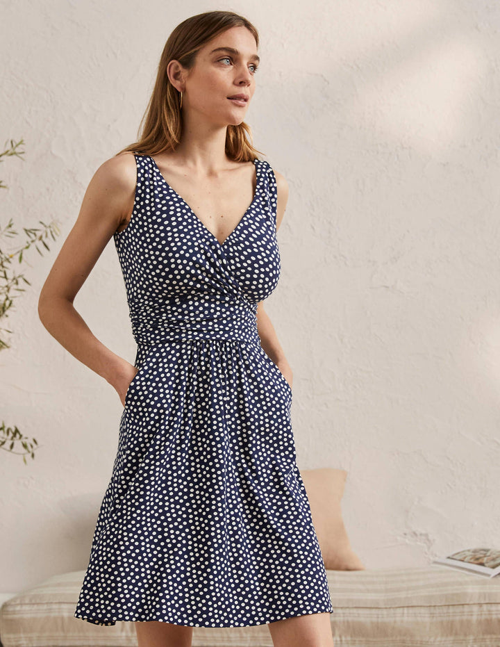 Effie V-Neck Jersey Dress-French Navy Scattered Dot