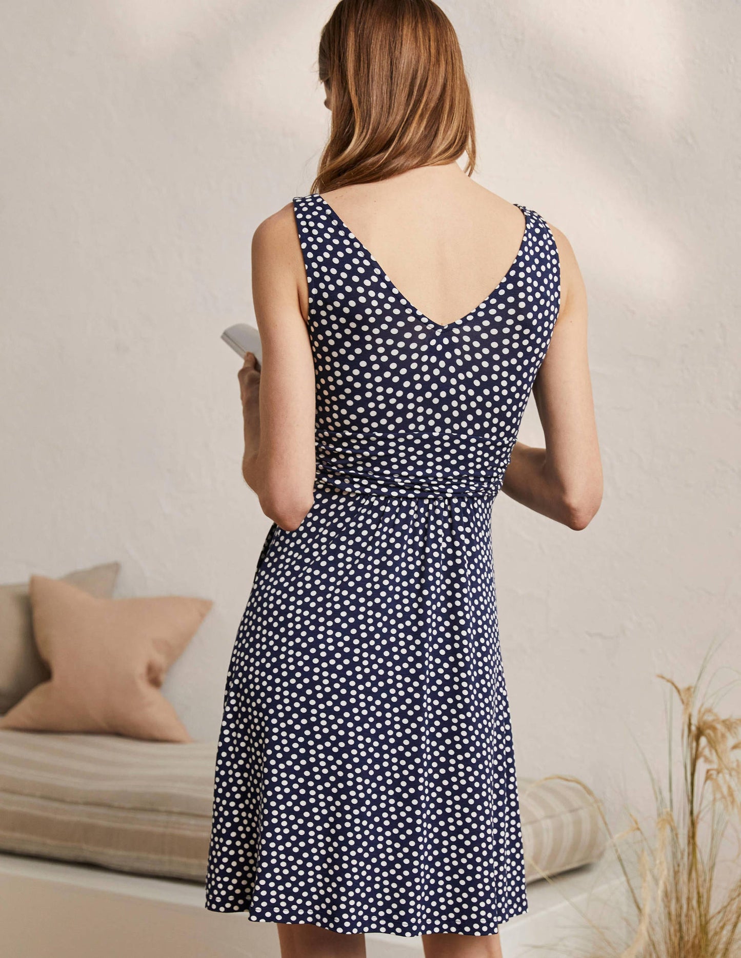 Effie V-Neck Jersey Dress-French Navy Scattered Dot