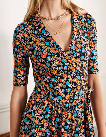 Lavinia Jersey Wrap Dress-Black, Flora Bloom-2