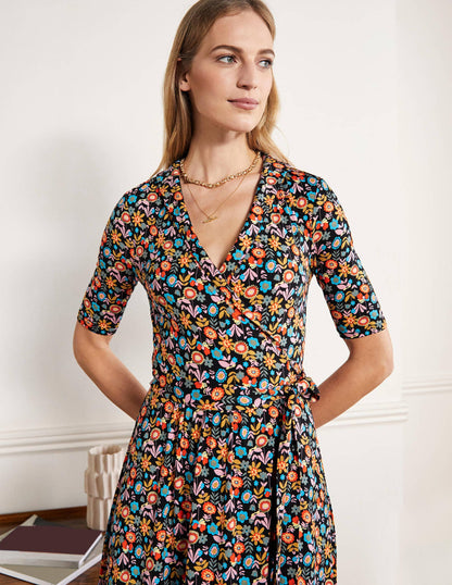 Lavinia Jersey Wrap Dress-Black, Flora Bloom-4
