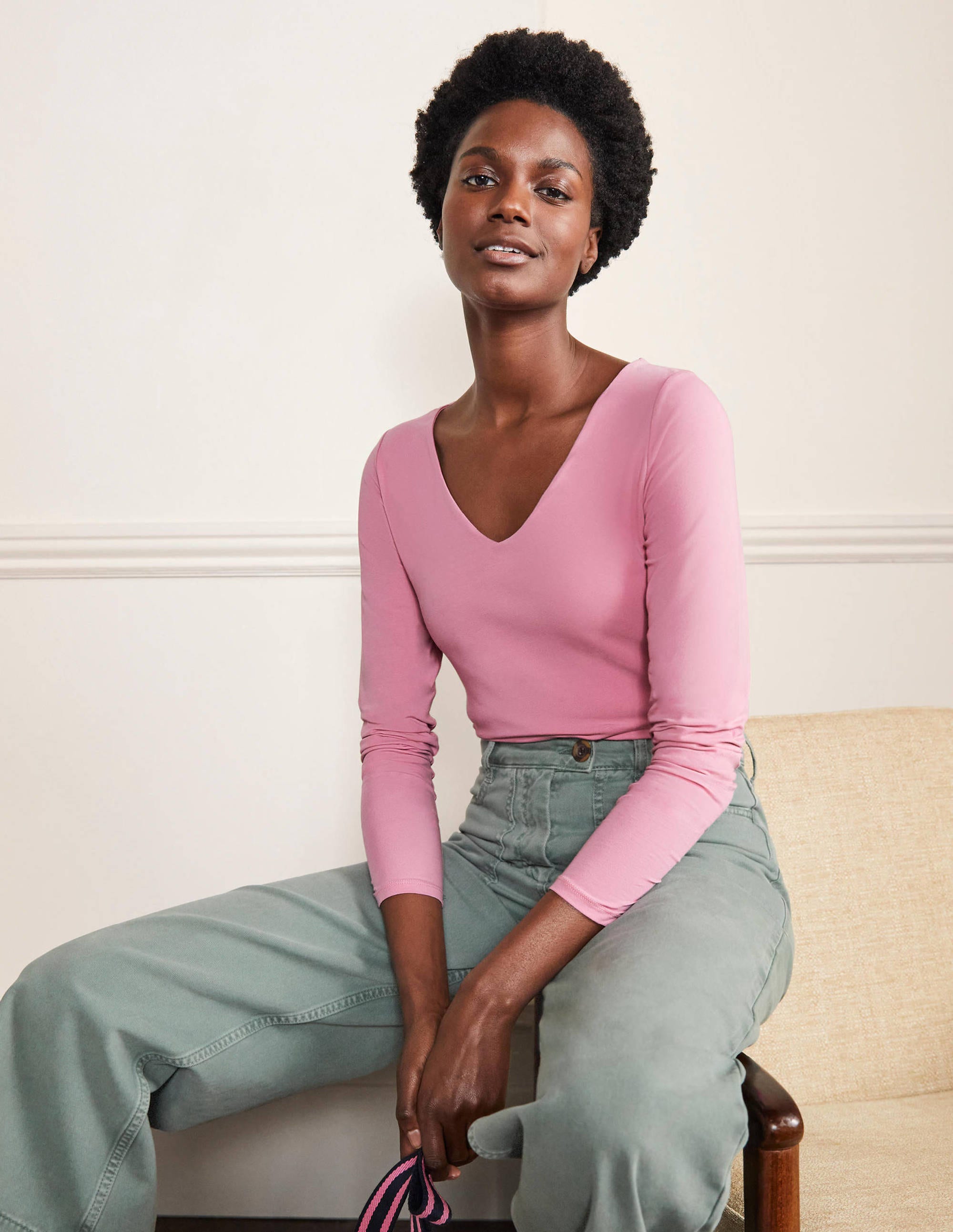 Double Layer V-neck Top-Posy Pink - Image 1
