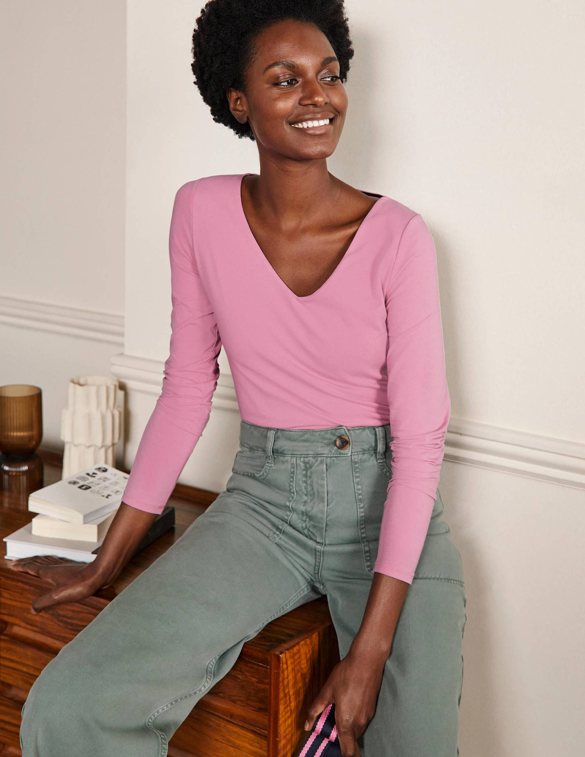 Double Layer V-neck Top-Posy Pink-4