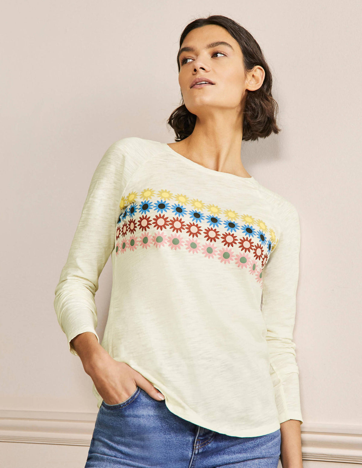 Lorna Baseball Jersey Top-Ivory, Floral Chest Stripe-1