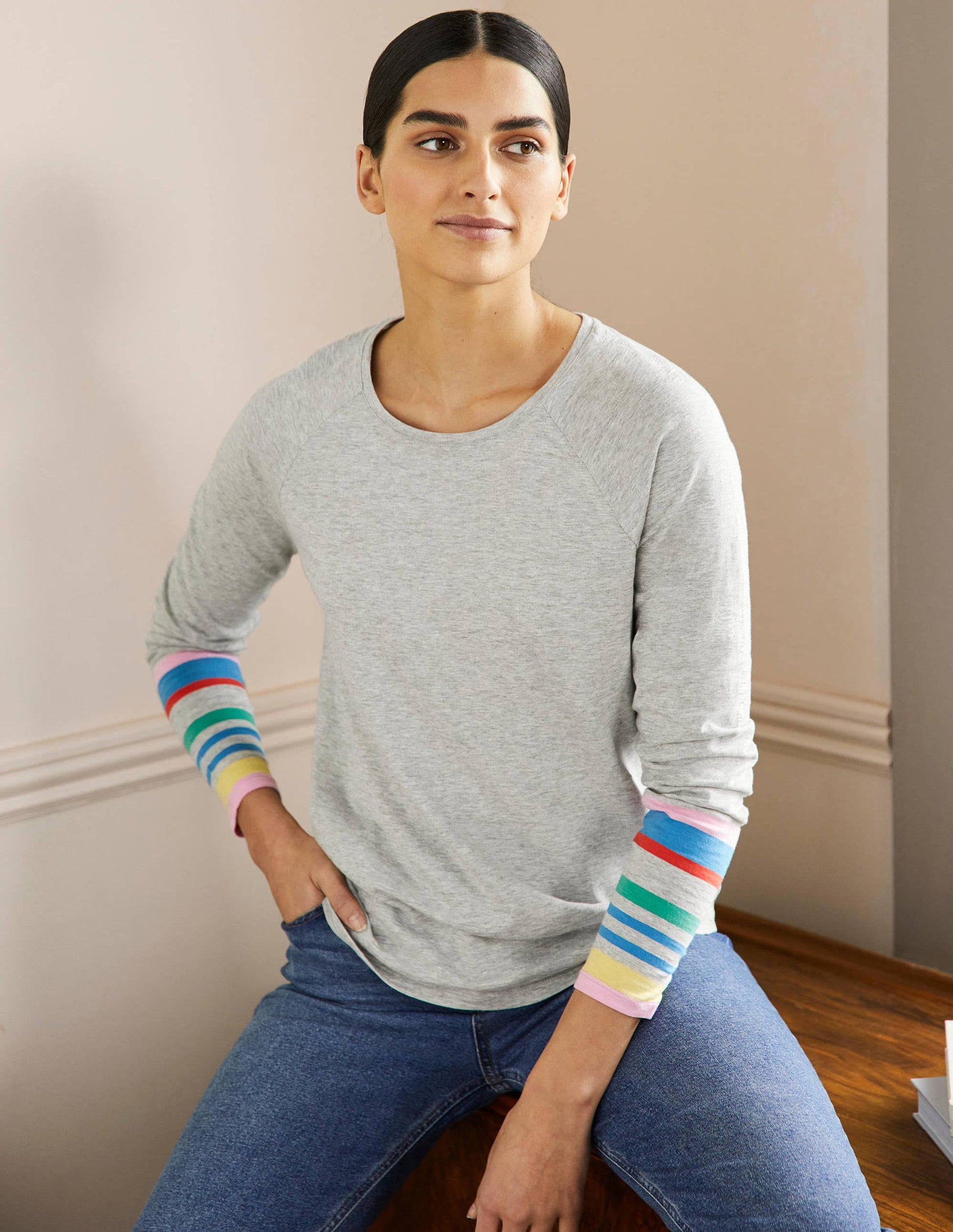 Lorna Baseball Jersey Top-Cherry Blossom, Grey Cuff-1