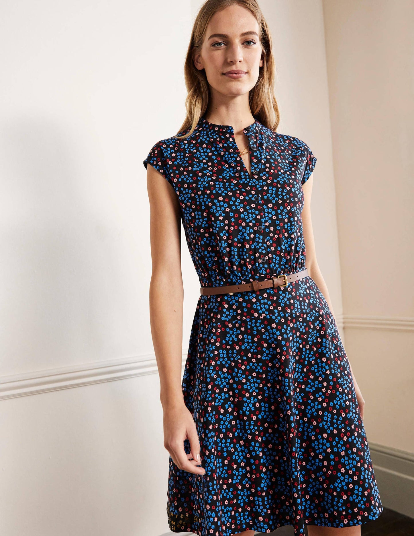 Easy Jersey Shirt Dress-Black, Ditsy Cluster