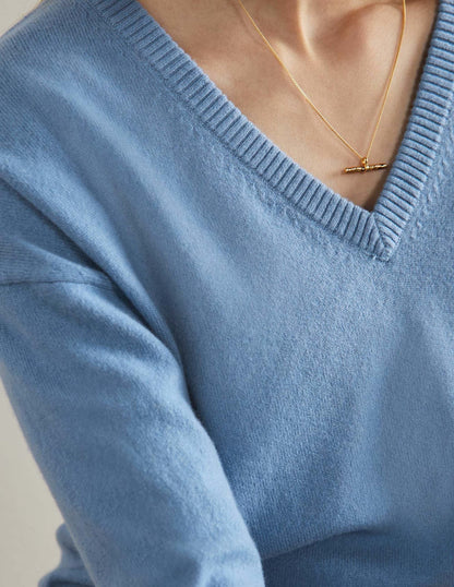 Cashmere V-neck Relaxed Jumper-Riviera Blue-2
