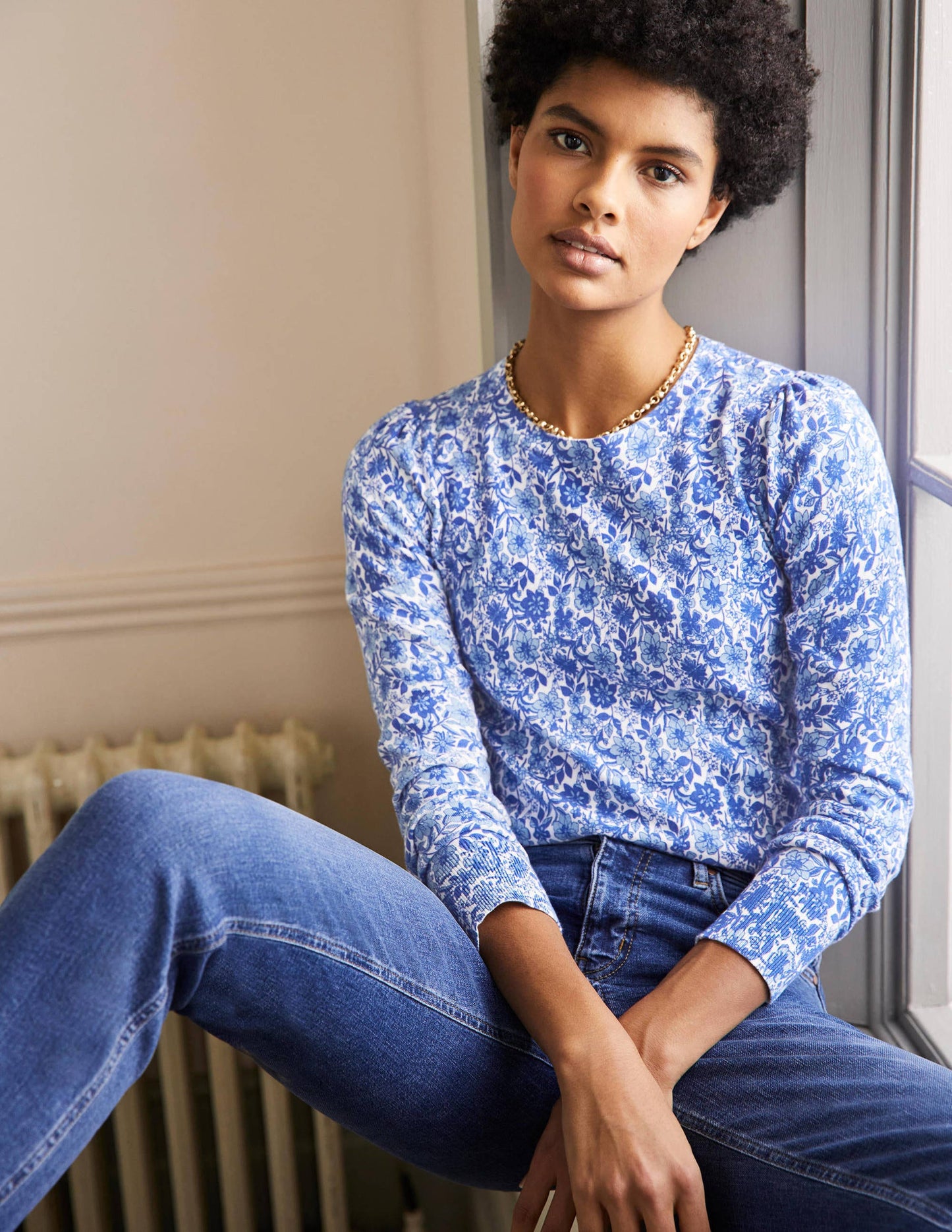 Cotton Crew Neck Jumper-Dawn Sky, Floret Bloom