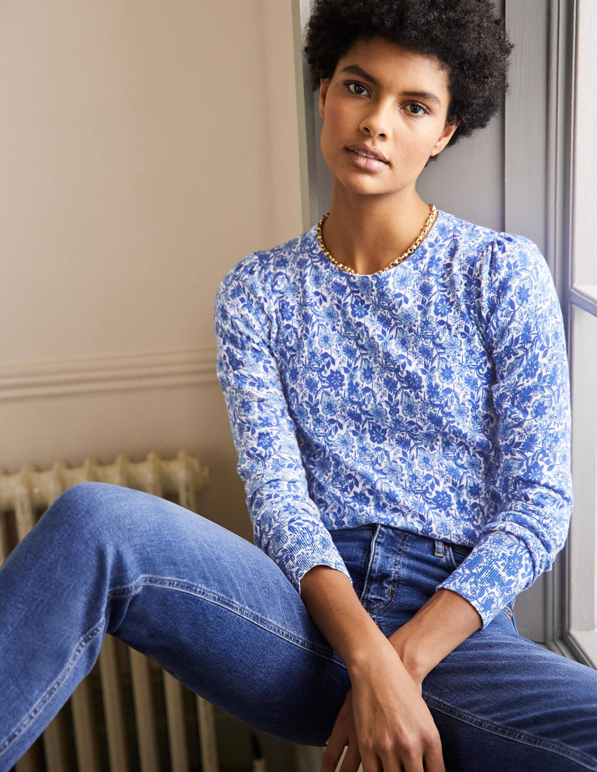 Cotton Crew Neck Jumper-Dawn Sky, Floret Bloom-1