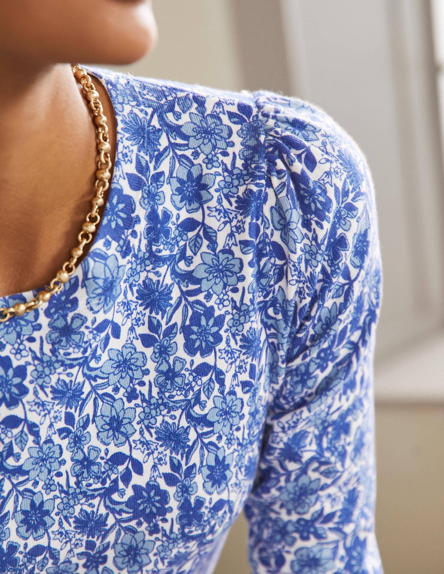 Cotton Crew Neck Jumper-Dawn Sky, Floret Bloom