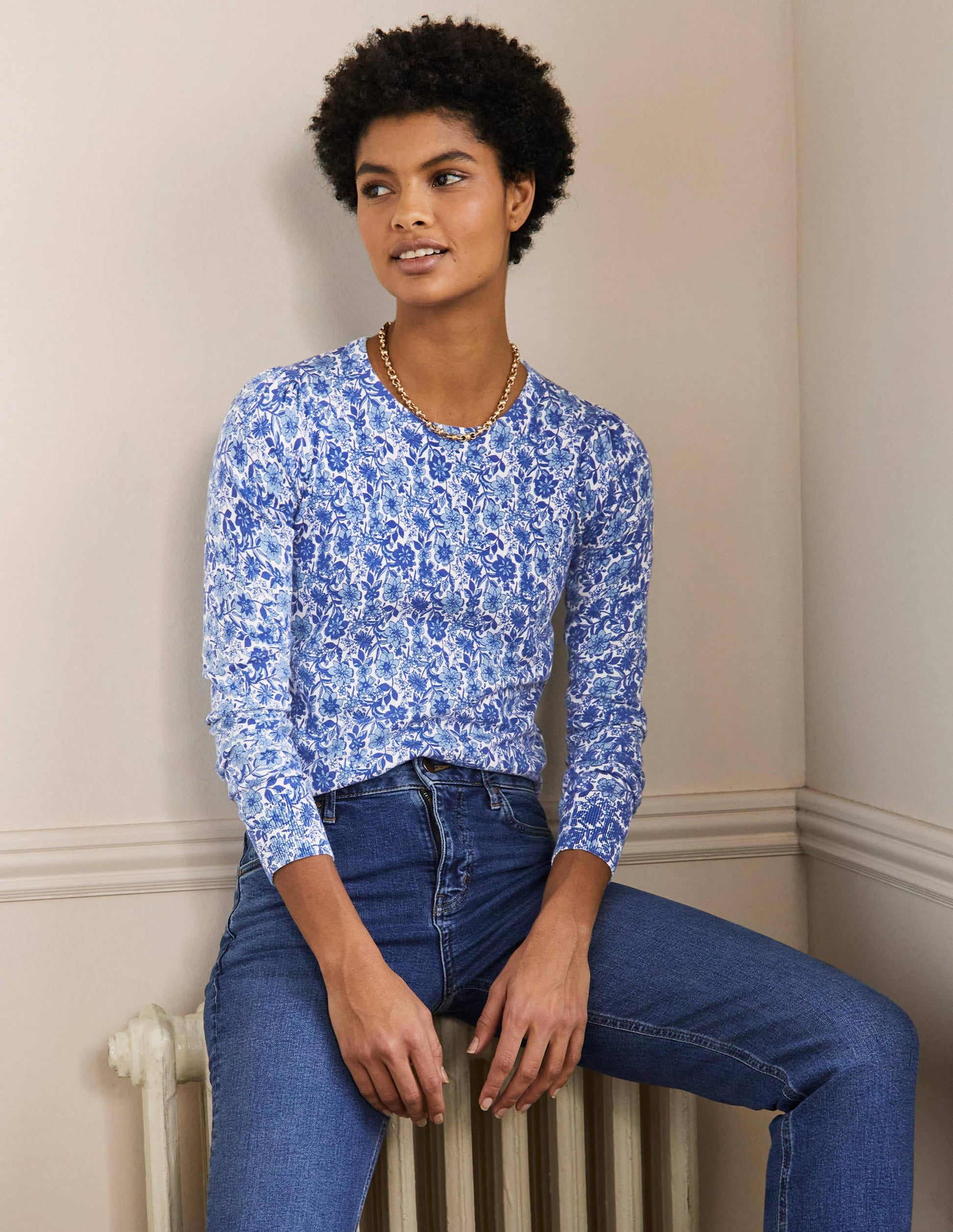 Cotton Crew Neck Jumper-Dawn Sky, Floret Bloom-4