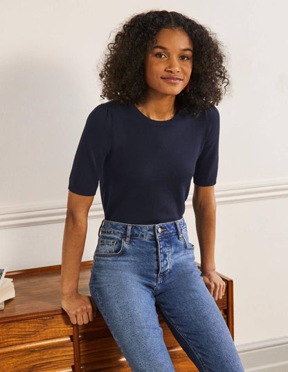 Cotton Crew Knitted Top-Navy-1