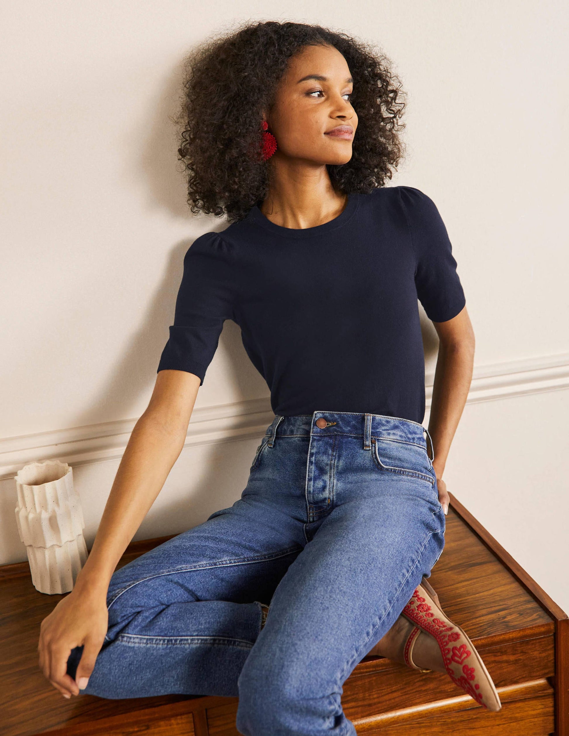 Cotton Crew Knitted Top-Navy-4