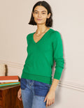 Cotton V-Neck Jumper-Highland Green