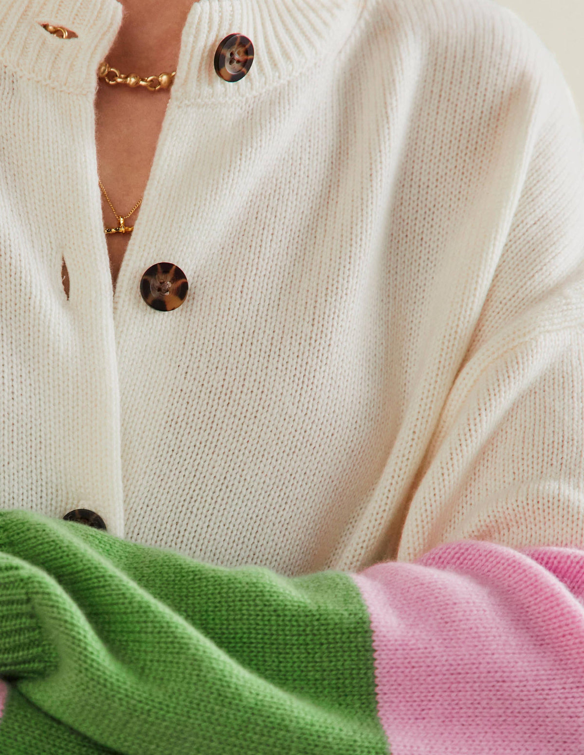 Chunky Cashmere Cardigan-English Ivy, Cameo Pink Stripe - Image 2