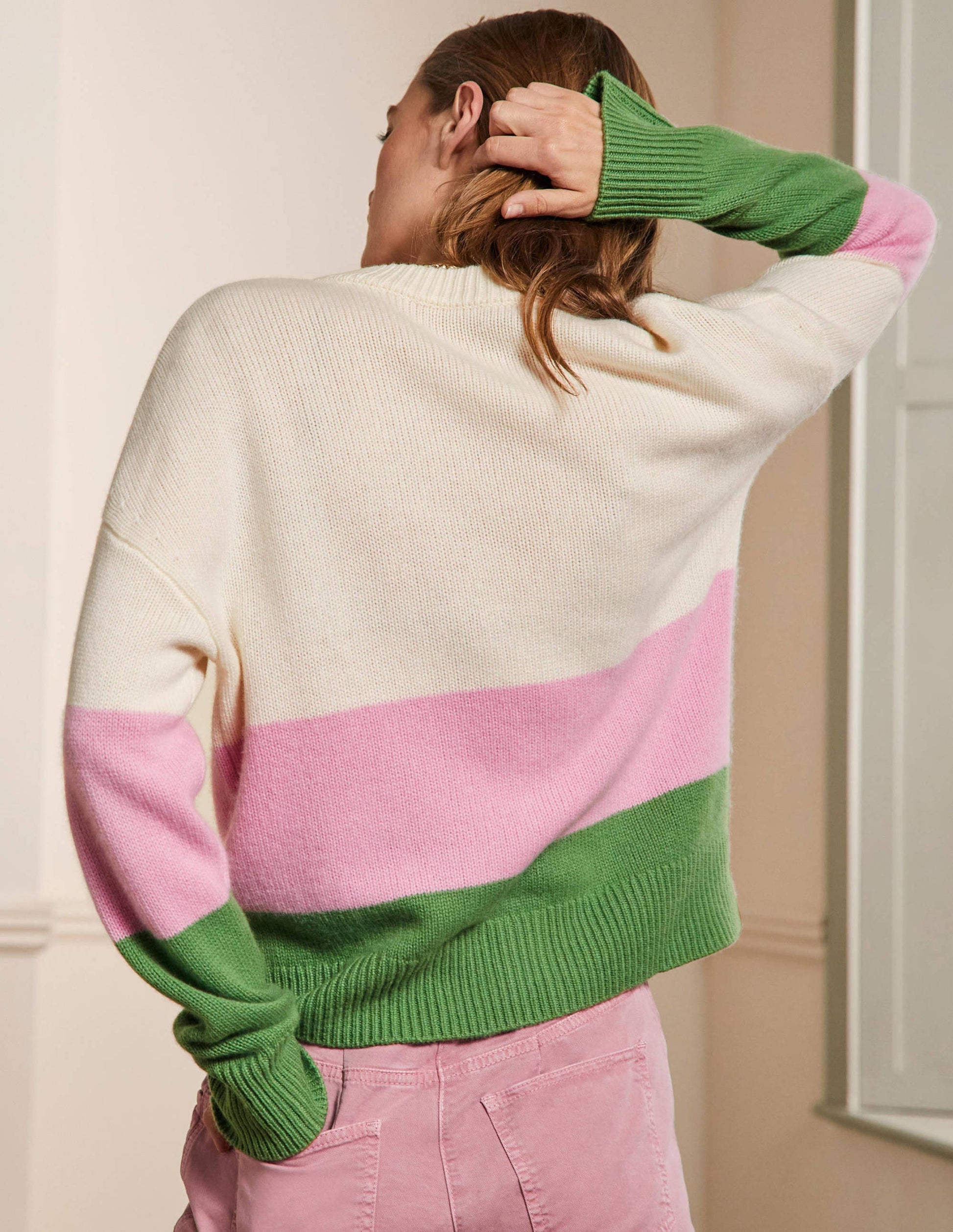 Chunky Cashmere Cardigan-English Ivy, Cameo Pink Stripe-3