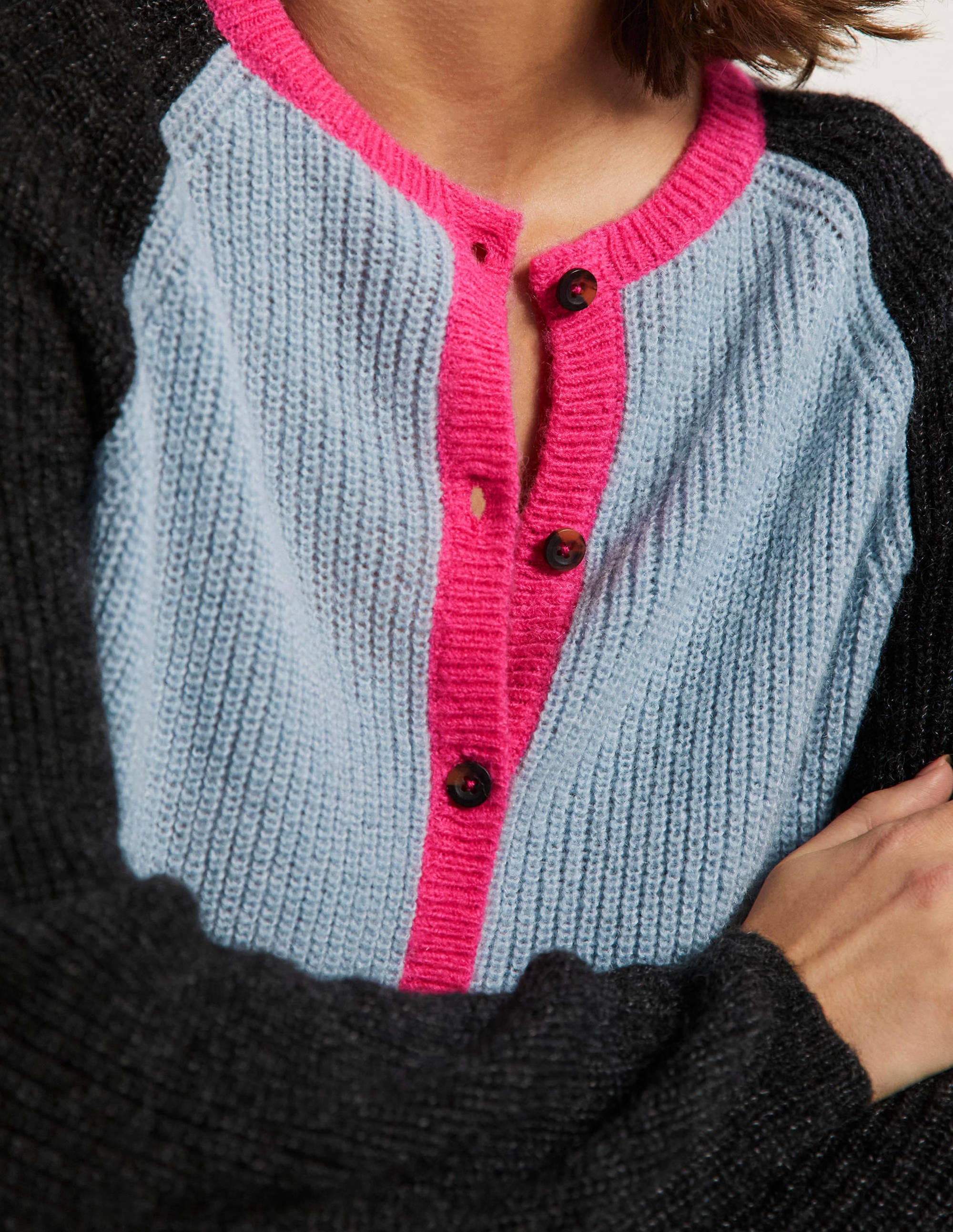 Fluffy Colourblock Cardigan-Dawn Blue, Charcoal - Image 2