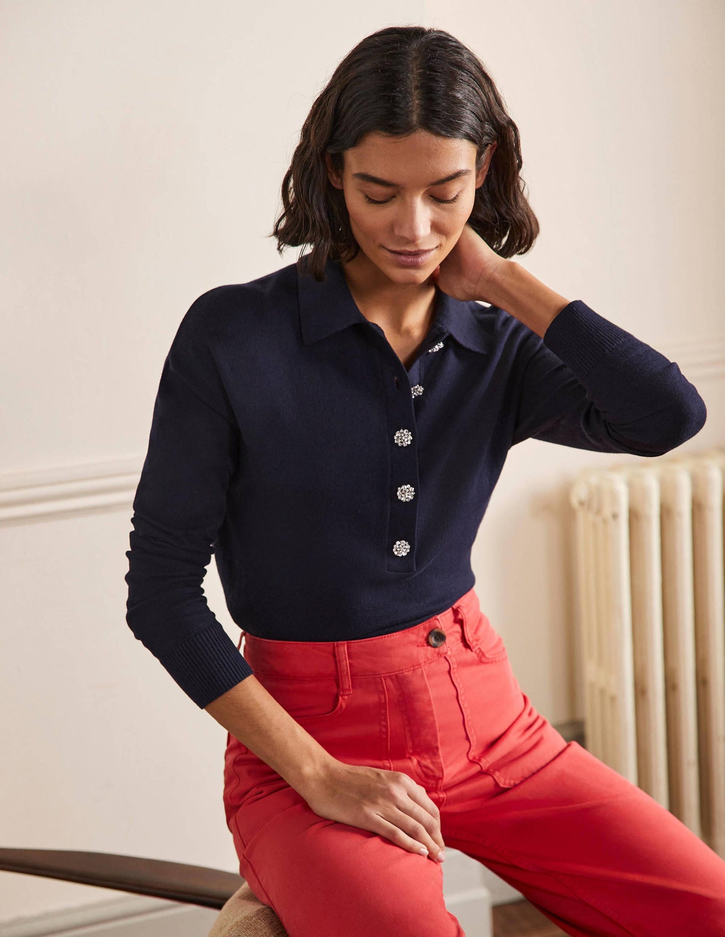 Jewelled Button Rugby Jumper-Navy