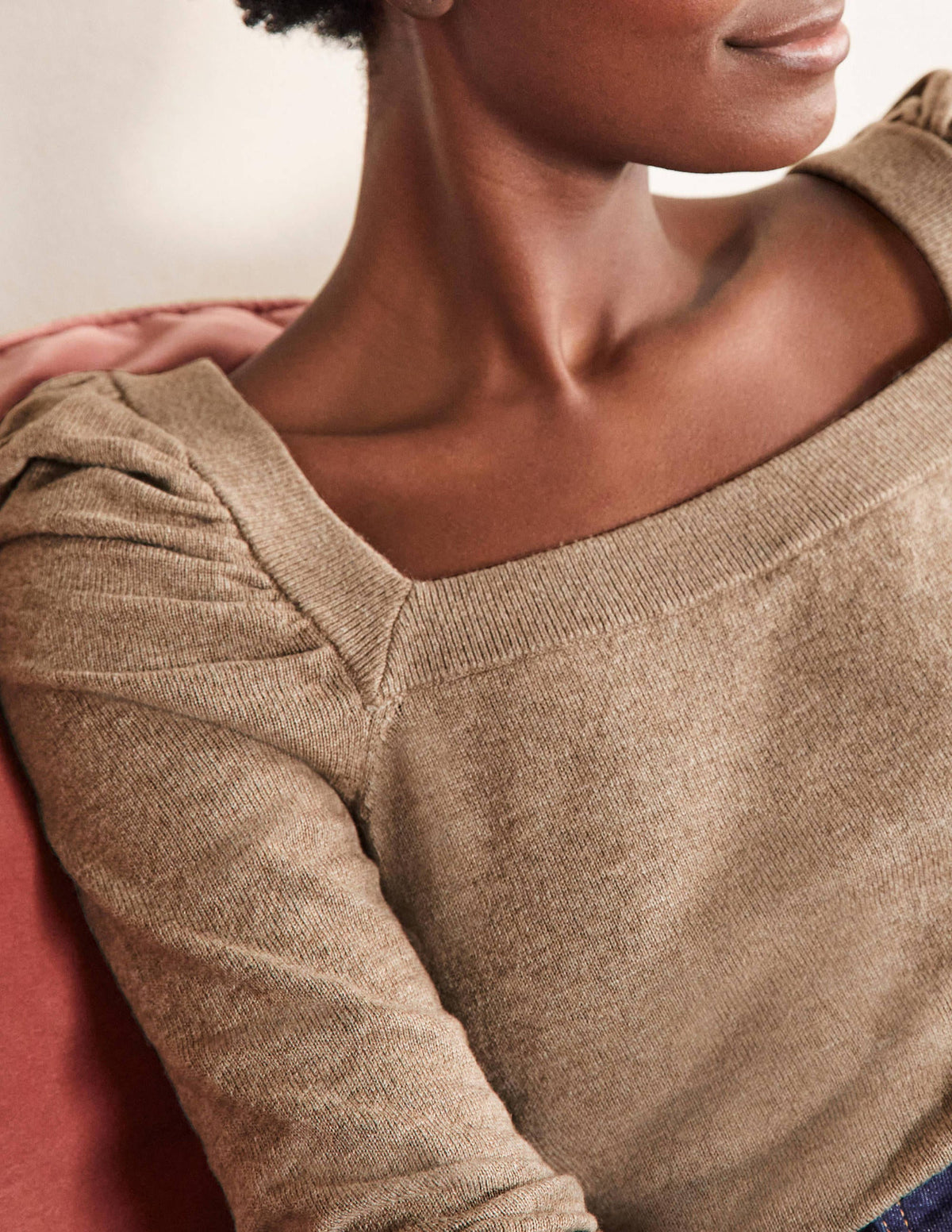 Square Neck Puff Sleeve Jumper-Dark Mink Melange-2