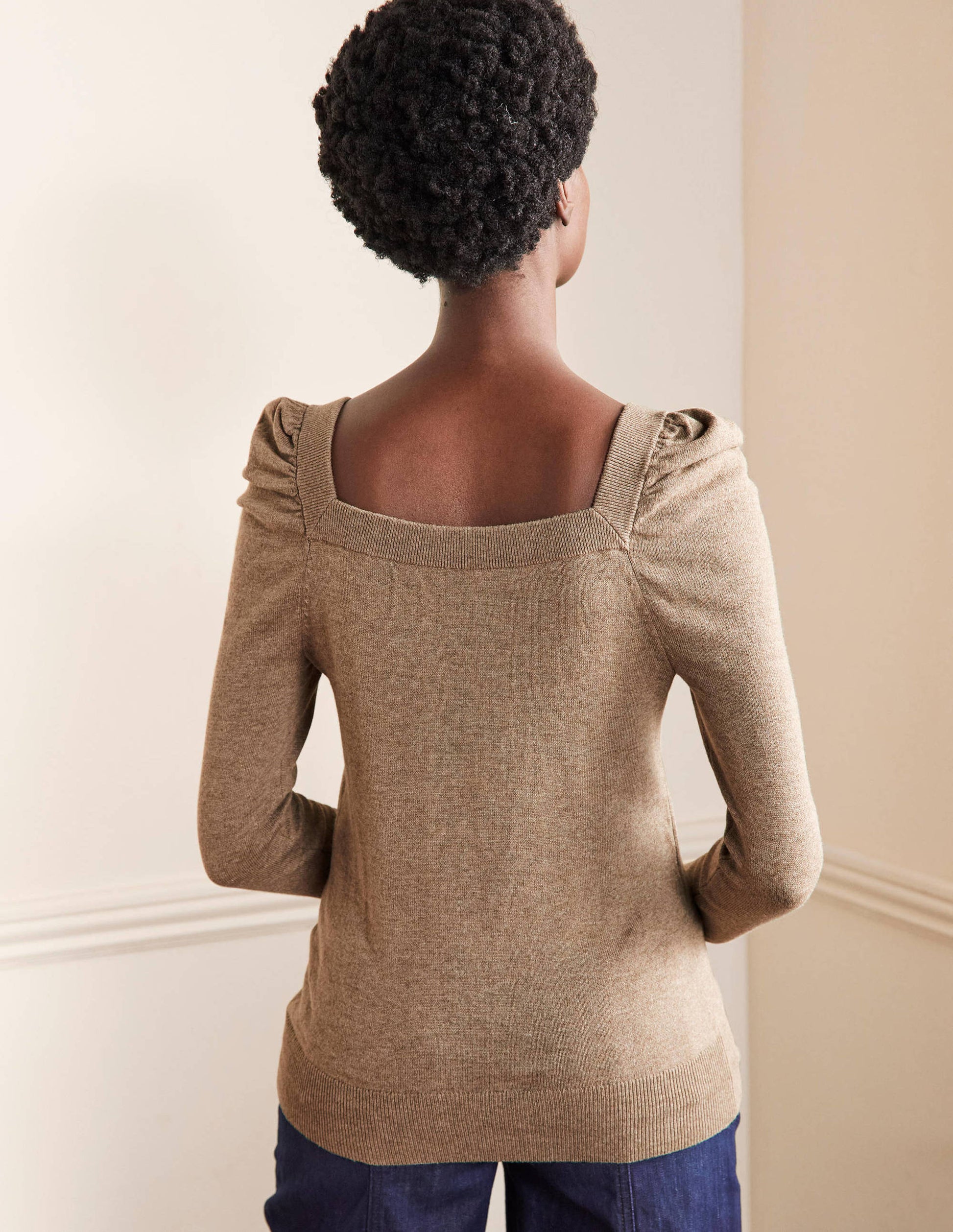 Square Neck Puff Sleeve Jumper-Dark Mink Melange-3