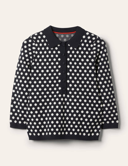 Cleo Jacquard Henley Jumper-Navy, Ivory Spot-5