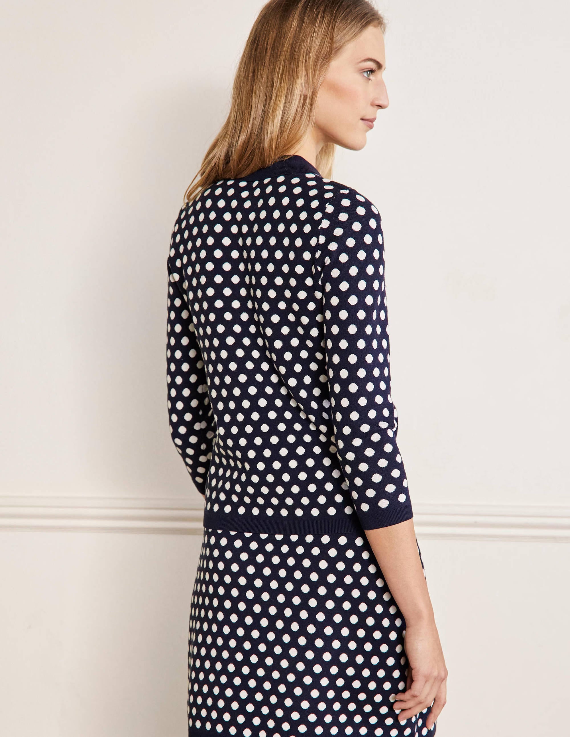 Cleo Jacquard Henley Jumper-Navy, Ivory Spot - Image 3