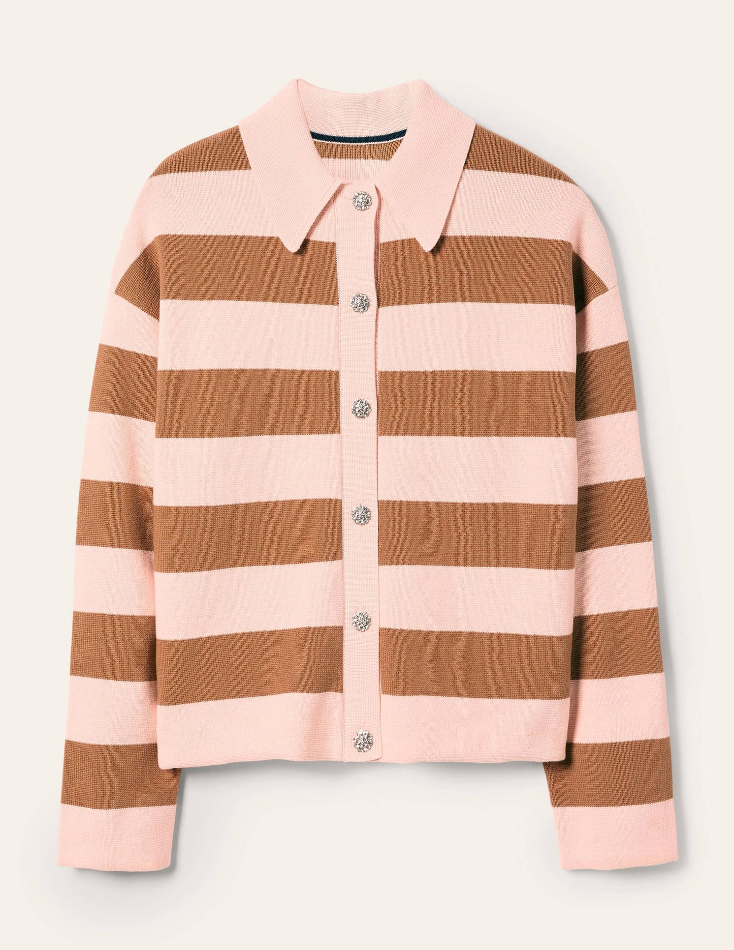 Jewel Button Collared Cardigan-Milkshake, Camel Stripe
