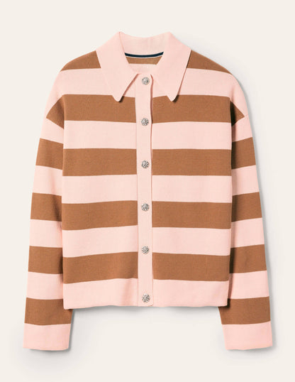 Jewel Button Collared Cardigan-Milkshake, Camel Stripe
