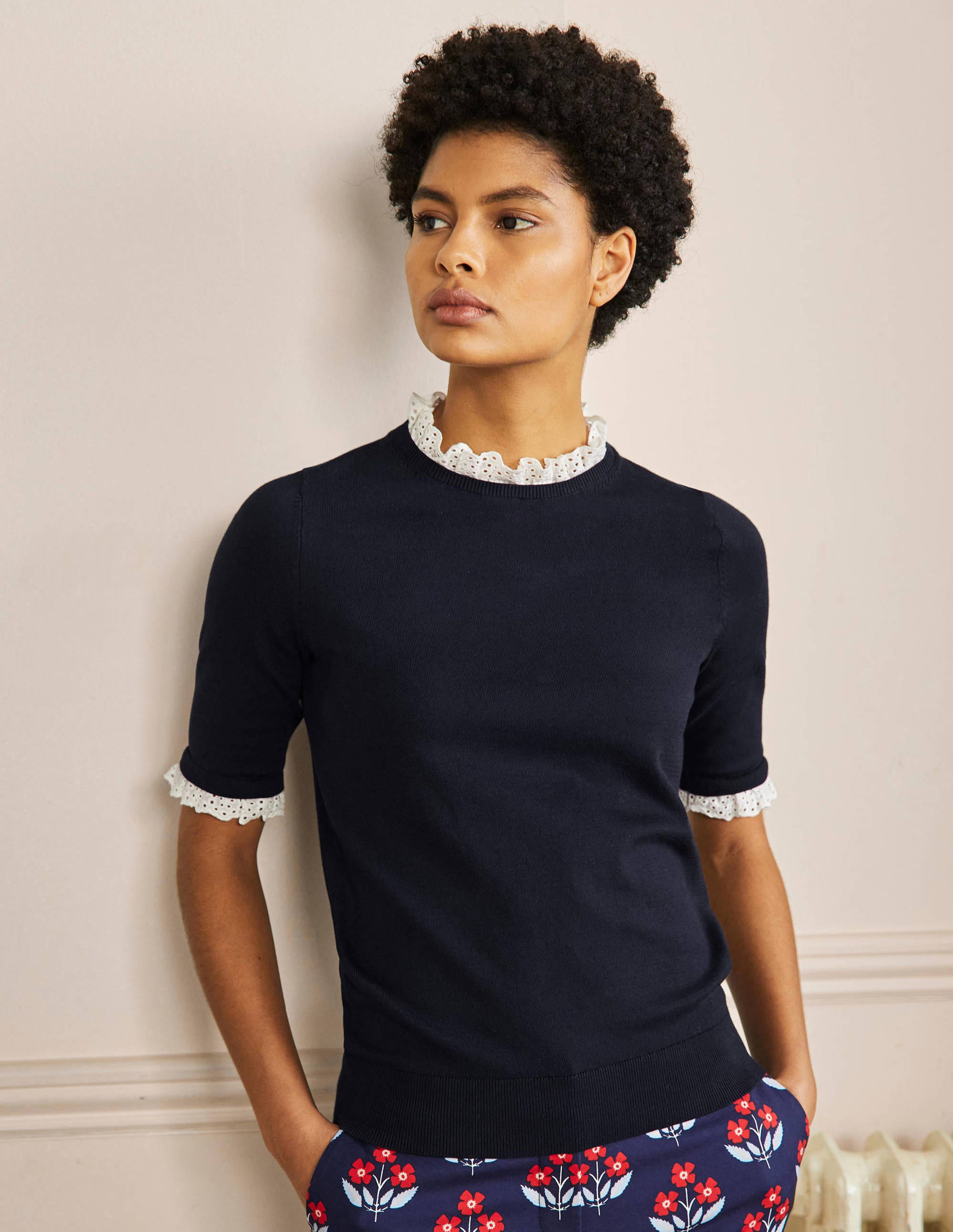 Woven Mix Knitted T-Shirt-Navy - Image 1
