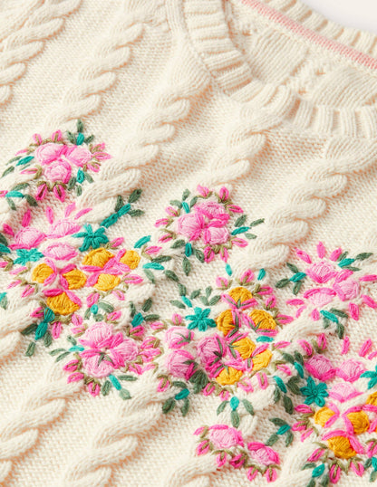 Embroidered Cable Knit Jumper-Ivory/Floral Embroidery