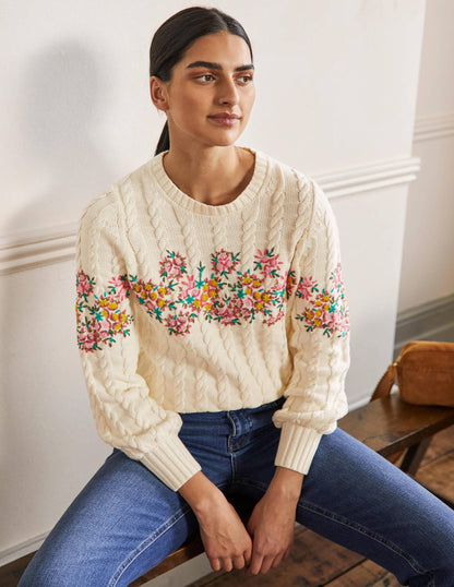 Embroidered Cable Knit Jumper-Ivory/Floral Embroidery