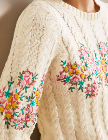 Embroidered Cable Knit Jumper-Ivory/Floral Embroidery