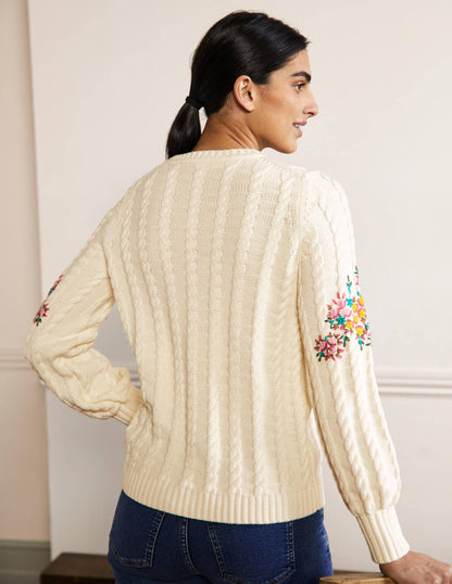 Embroidered Cable Knit Jumper-Ivory/Floral Embroidery