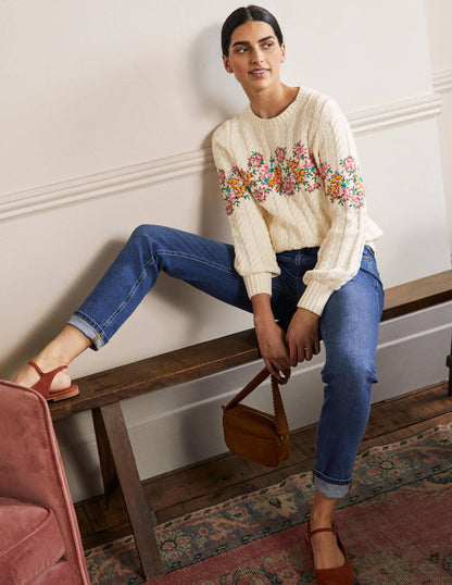 Embroidered Cable Knit Jumper-Ivory/Floral Embroidery