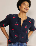 Embroidered Fluffy Cardigan-Navy, Cherry