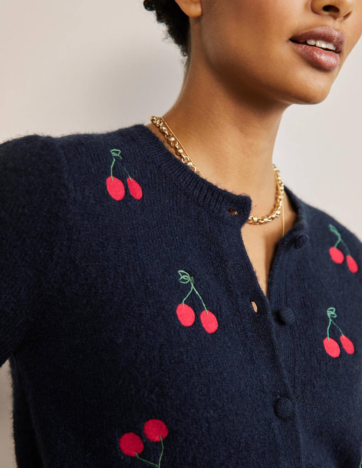 Embroidered Fluffy Cardigan-Navy, Cherry - Image 2