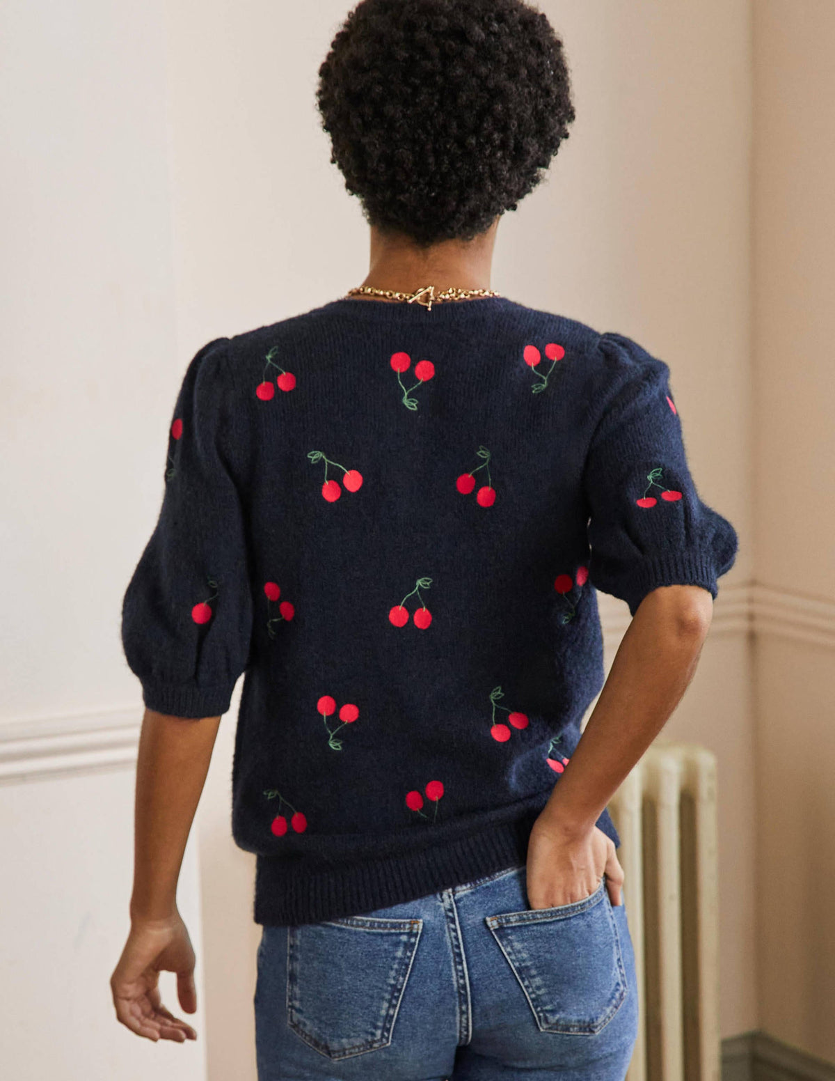 Embroidered Fluffy Cardigan-Navy, Cherry-3