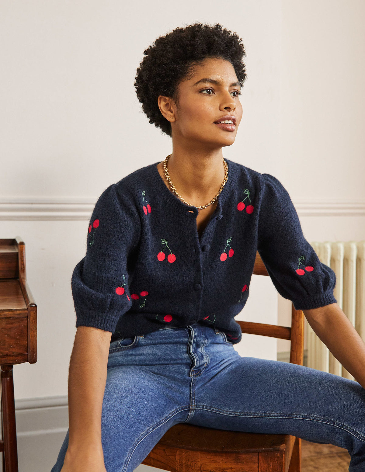 Embroidered Fluffy Cardigan-Navy, Cherry - Image 4