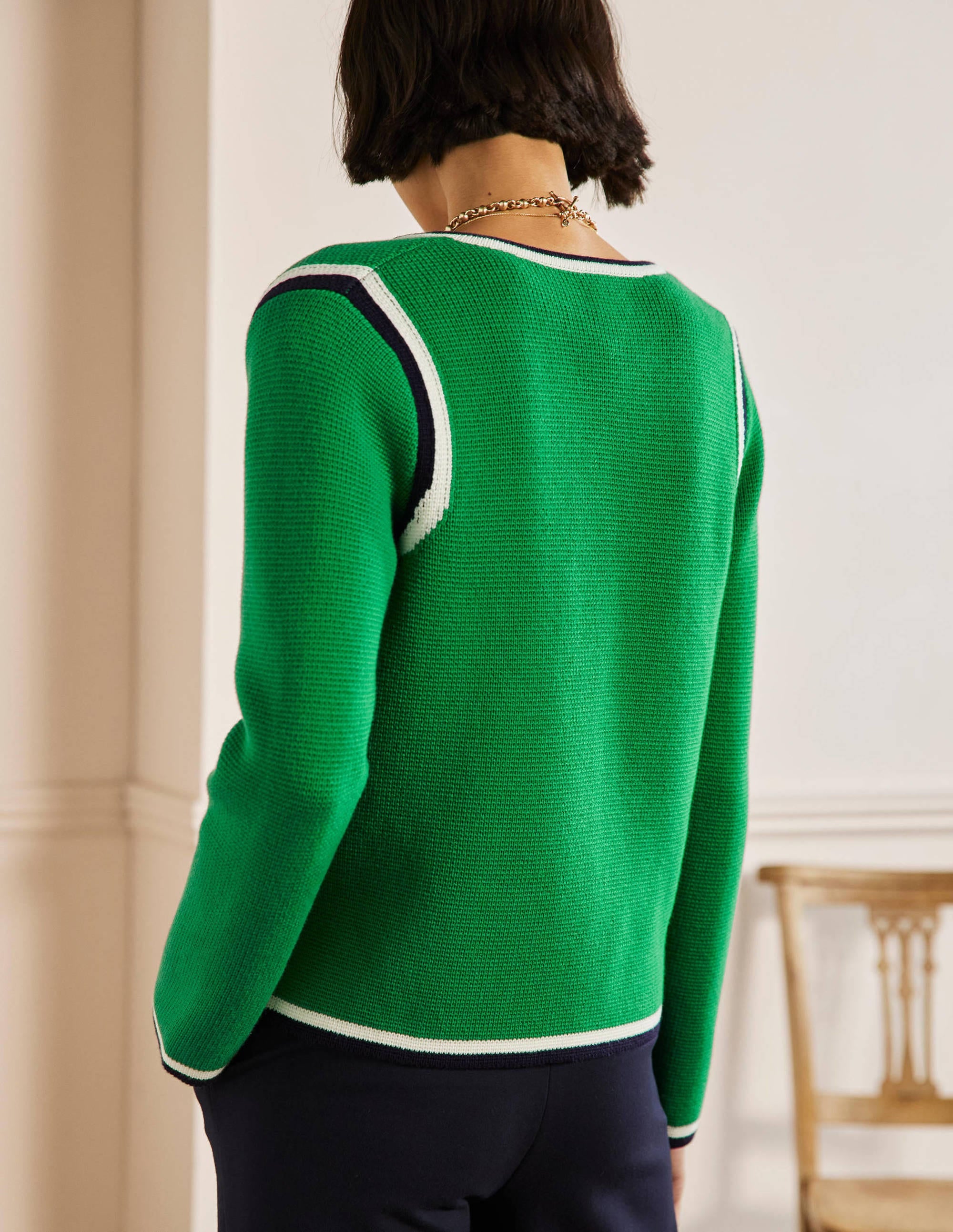 Stripe Trim Knitted Jacket-Highland Green - Image 3