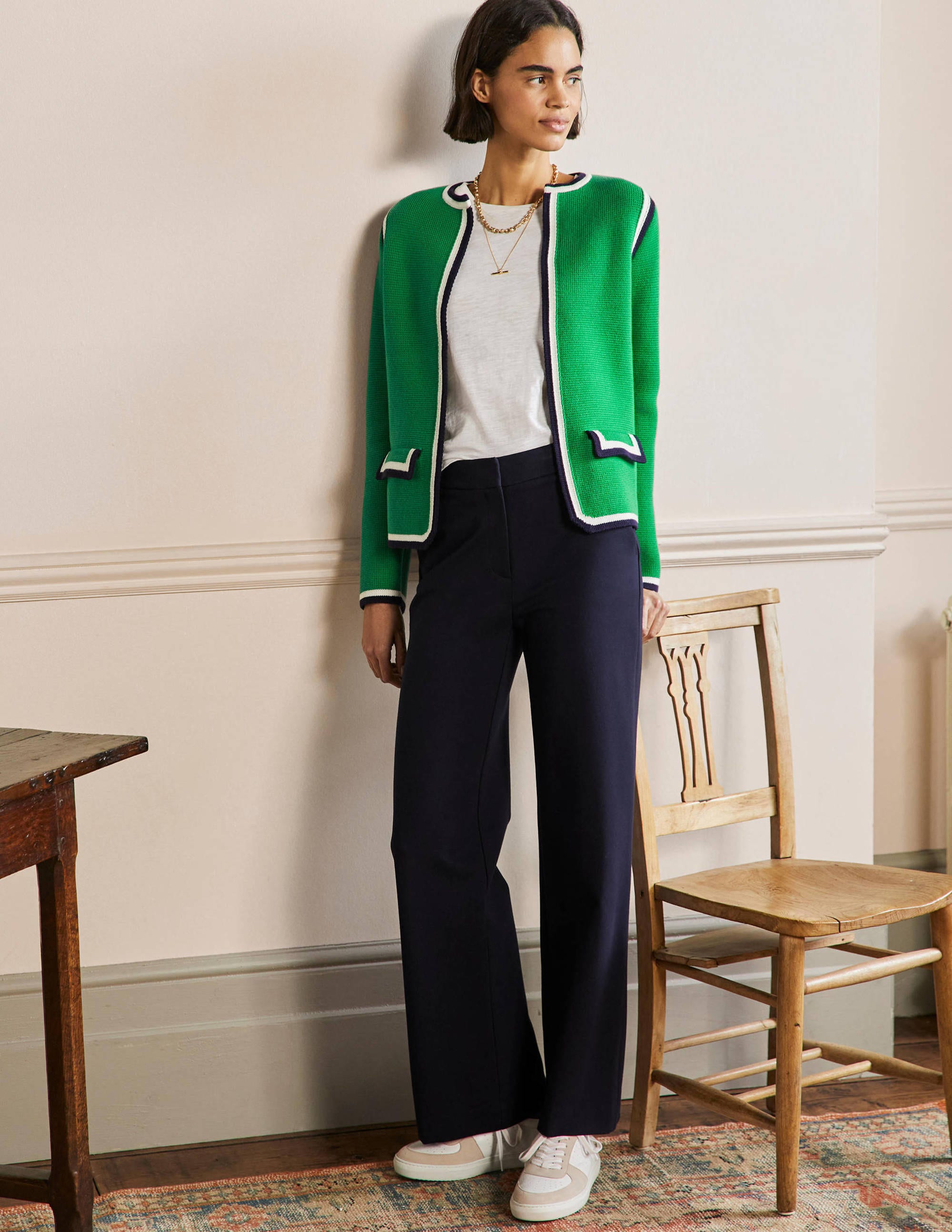 Stripe Trim Knitted Jacket-Highland Green - Image 4