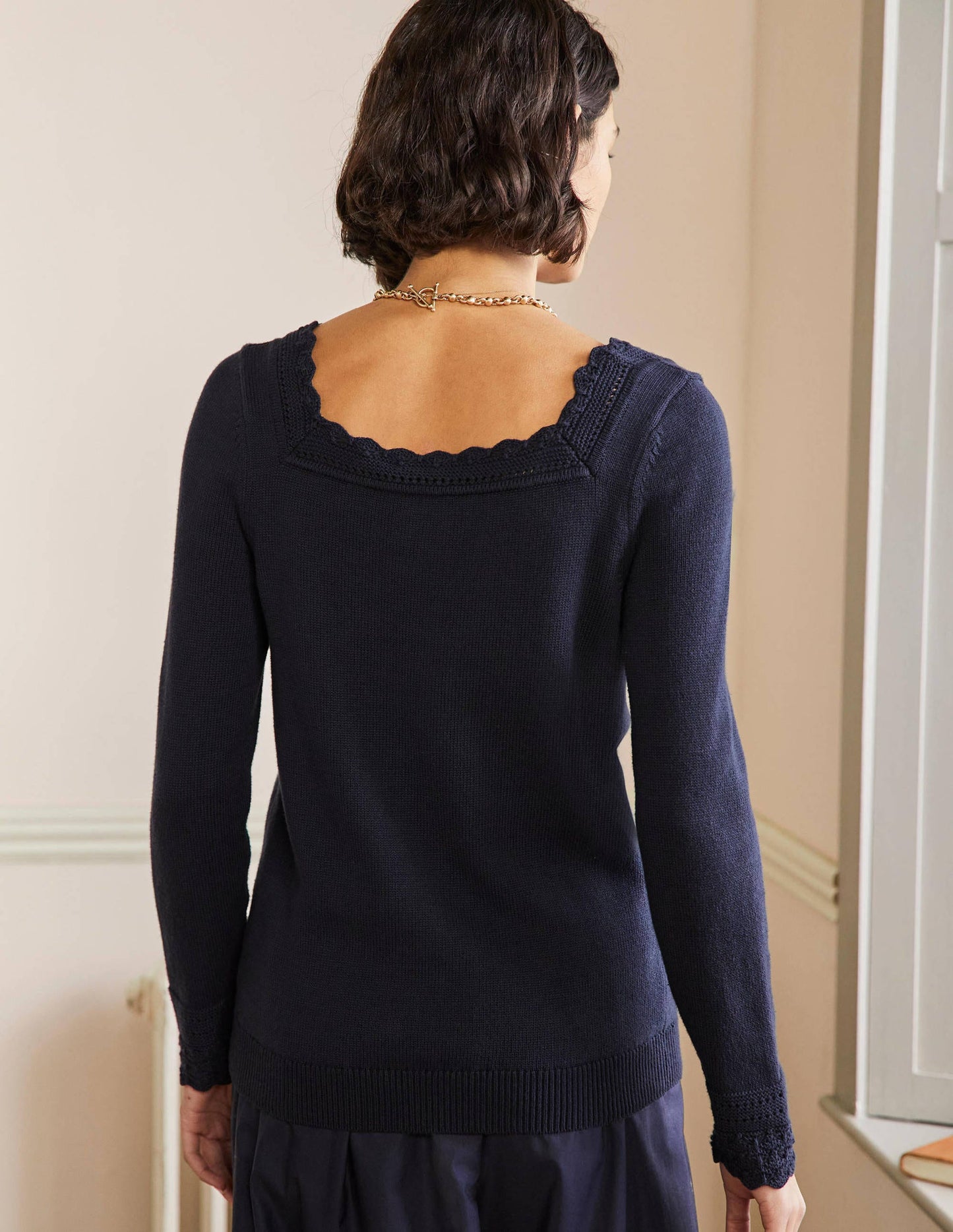 Scallop Crochet Trim Jumper-Navy