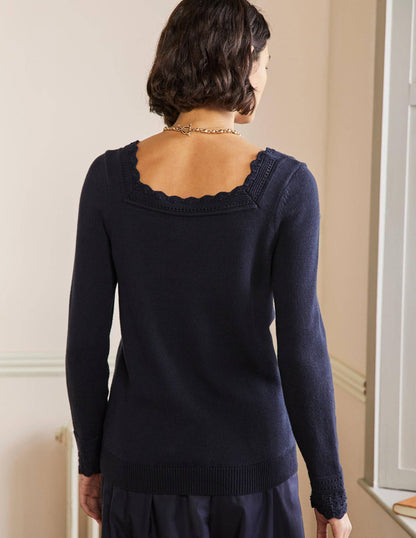 Scallop Crochet Trim Jumper-Navy-3