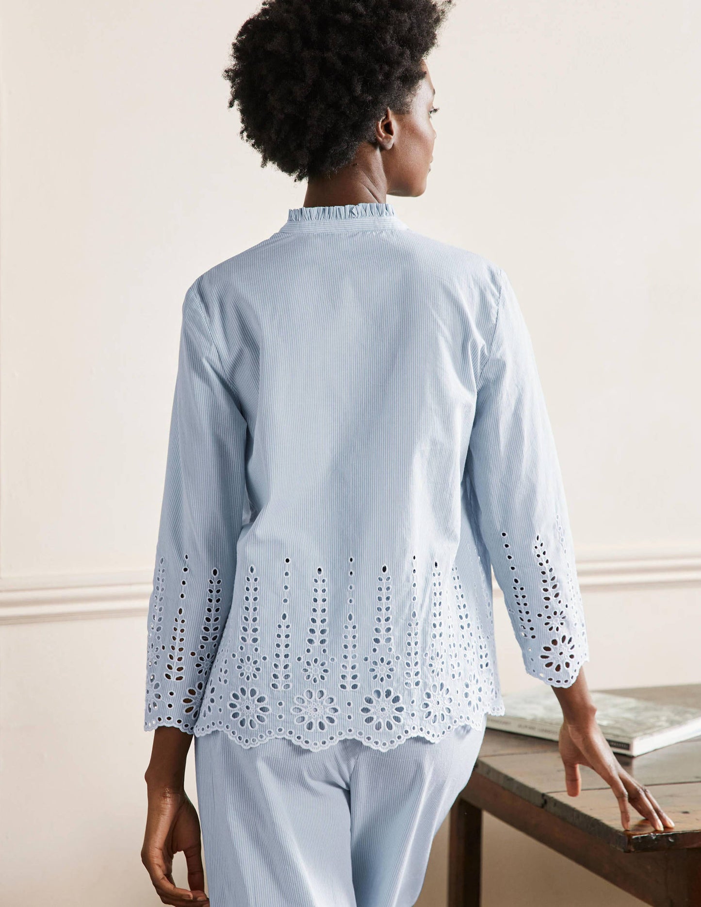 Broderie Pyjama Set-Blue Ticking Stripe