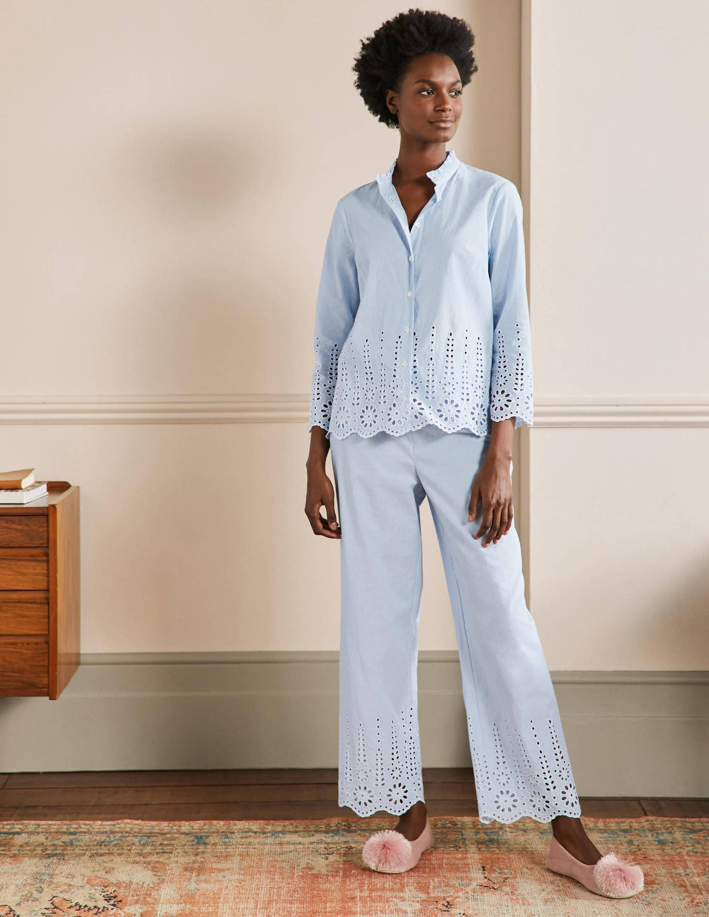 Broderie Pyjama Set-Blue Ticking Stripe