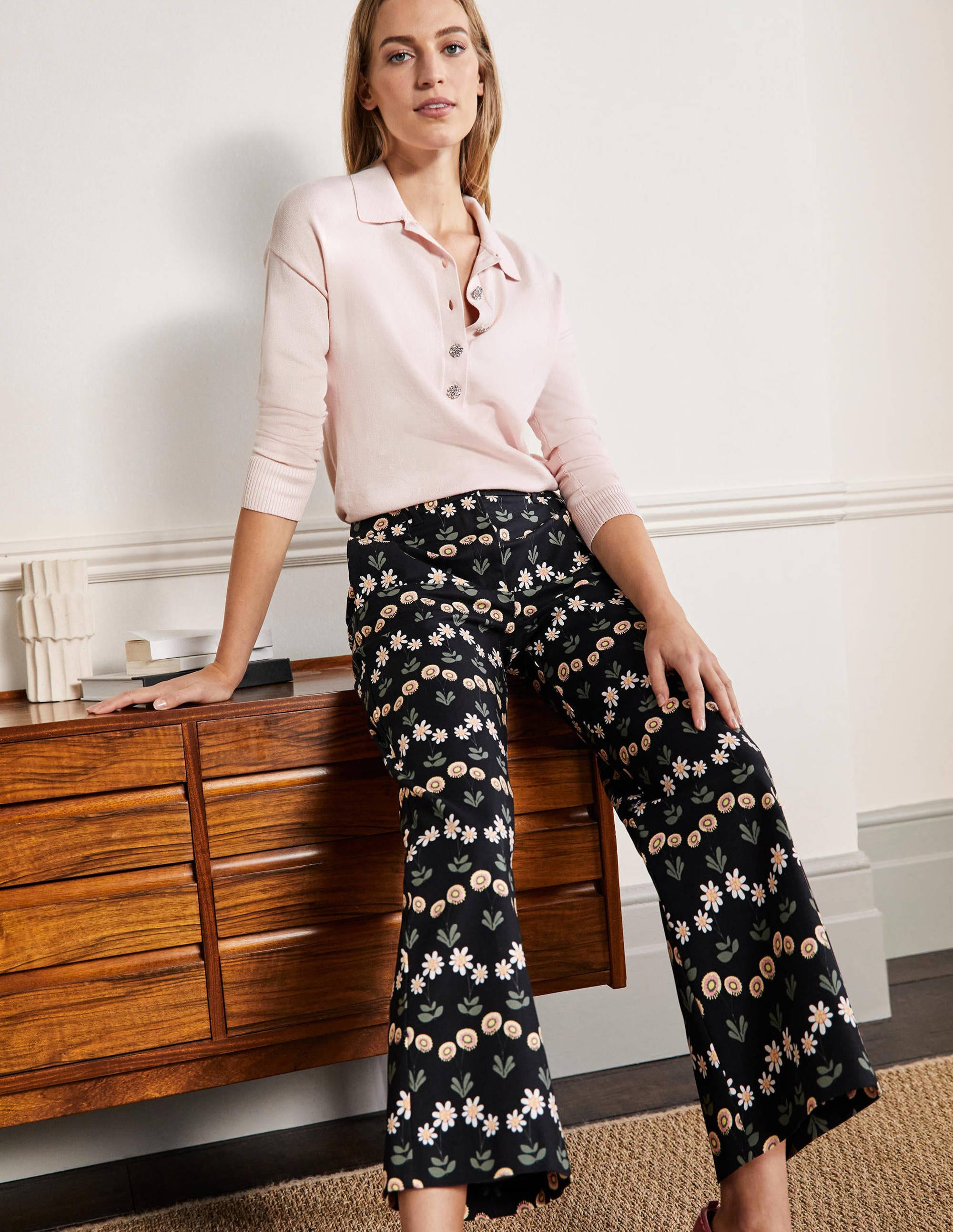 High Waisted Richmond Trousers-Black, Delicate Daisy - Image 1