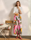 Printed Linen Trousers-Ivory, Abstract Bloom
