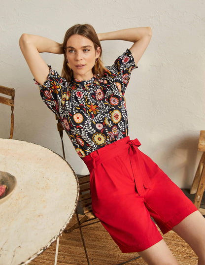 Paperbag High Waisted Shorts-Red