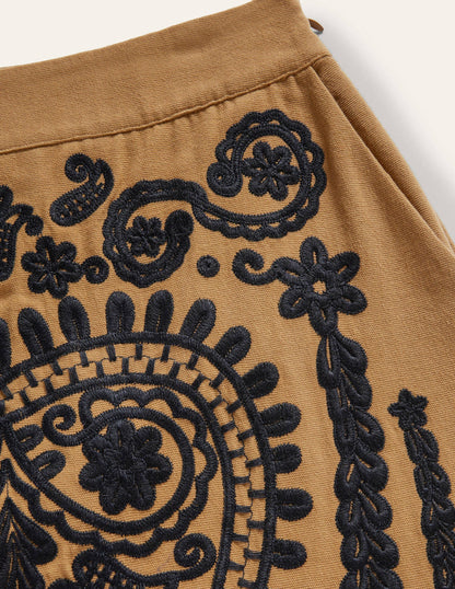 Embroidered Mini Skirt-Camel/Navy Embroidered-6