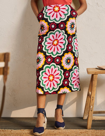 Printed A-line Midi Skirt-Black, Opulent Daisy-4