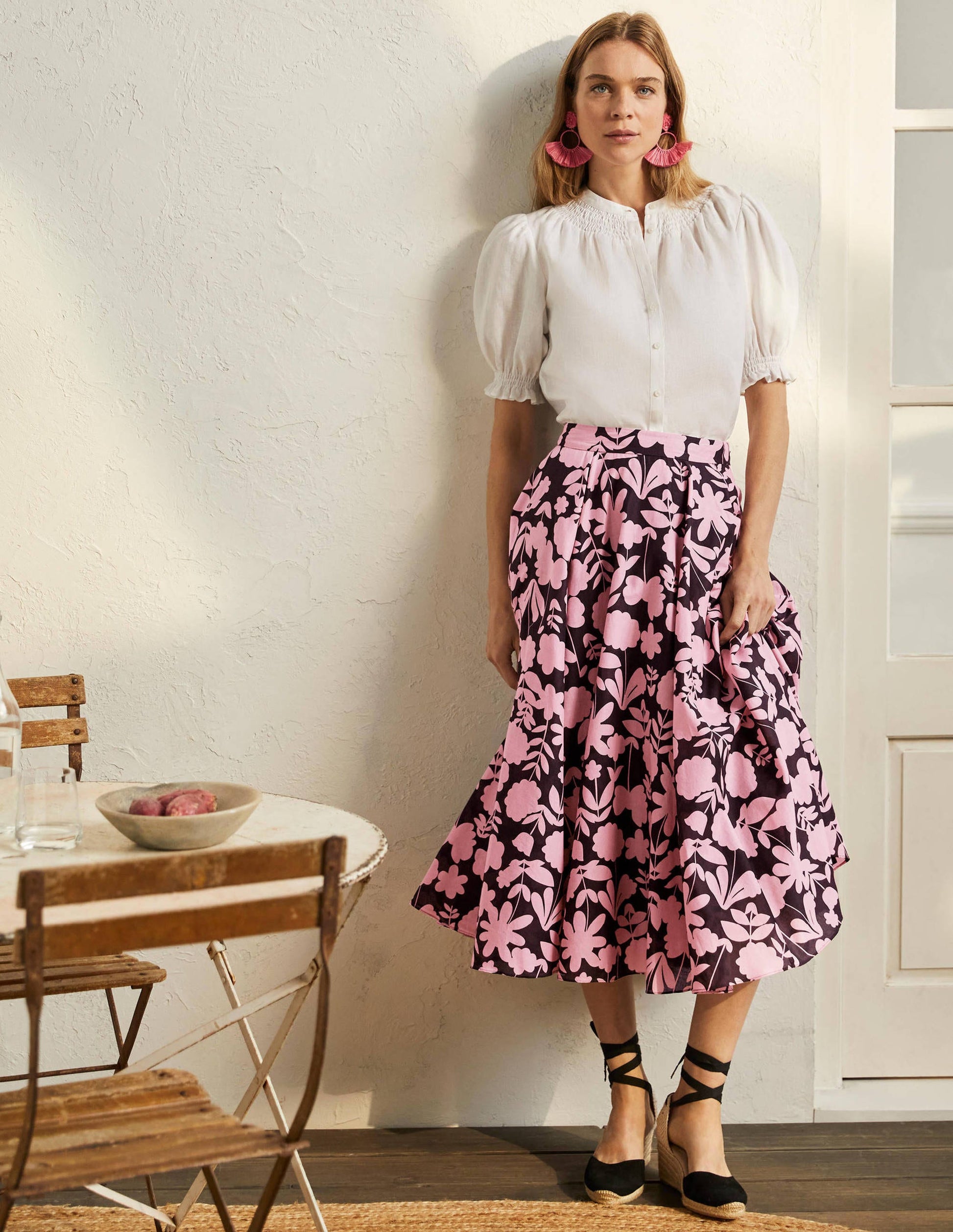 Full Cotton Midi Skirt-Formica Pink, Flora Bloom-1